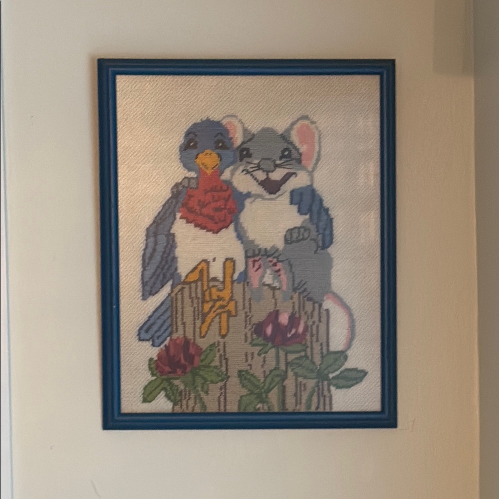Charming Animal Bird & Mouse Needlepoint Framed Picture Nursery Kids Vintage - Picture 3 of 16